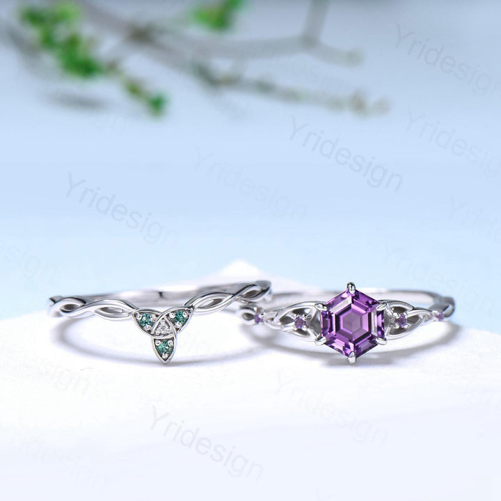 Norse Viking Hexagon Amethyst Ring Set Celtic Love Knot Purple Gemstone Engagement Ring Unique Twisted Emerald Wedding Ring Set For Women - PENFINE