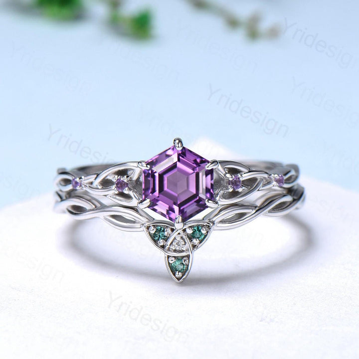 Norse Viking Hexagon Amethyst Ring Set Celtic Love Knot Purple Gemstone Engagement Ring Unique Twisted Emerald Wedding Ring Set For Women - PENFINE