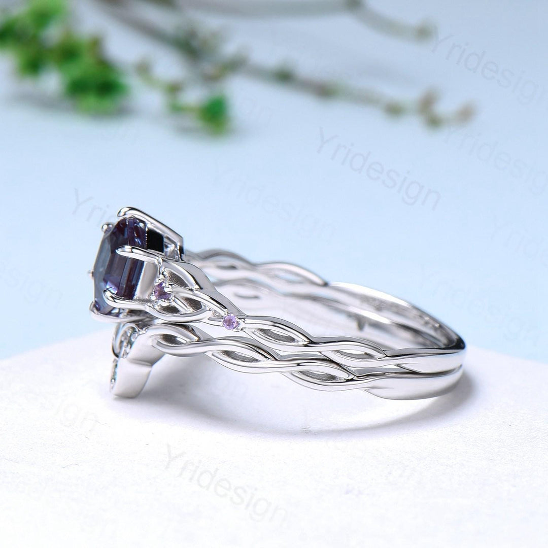 Norse Viking Hexagon Amethyst Ring Set Celtic Love Knot Purple Gemstone Engagement Ring Unique Twisted Emerald Wedding Ring Set For Women - PENFINE