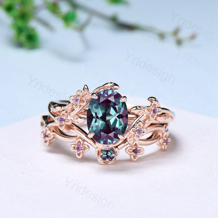 Unique flower alexandrite ring set cluster amethyst color change stone nature inspired engagement ring silver rose gold bridal wedding set - PENFINE