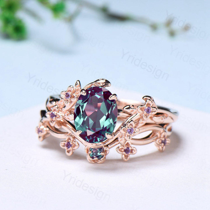 Unique flower alexandrite ring set cluster amethyst color change stone nature inspired engagement ring silver rose gold bridal wedding set - PENFINE