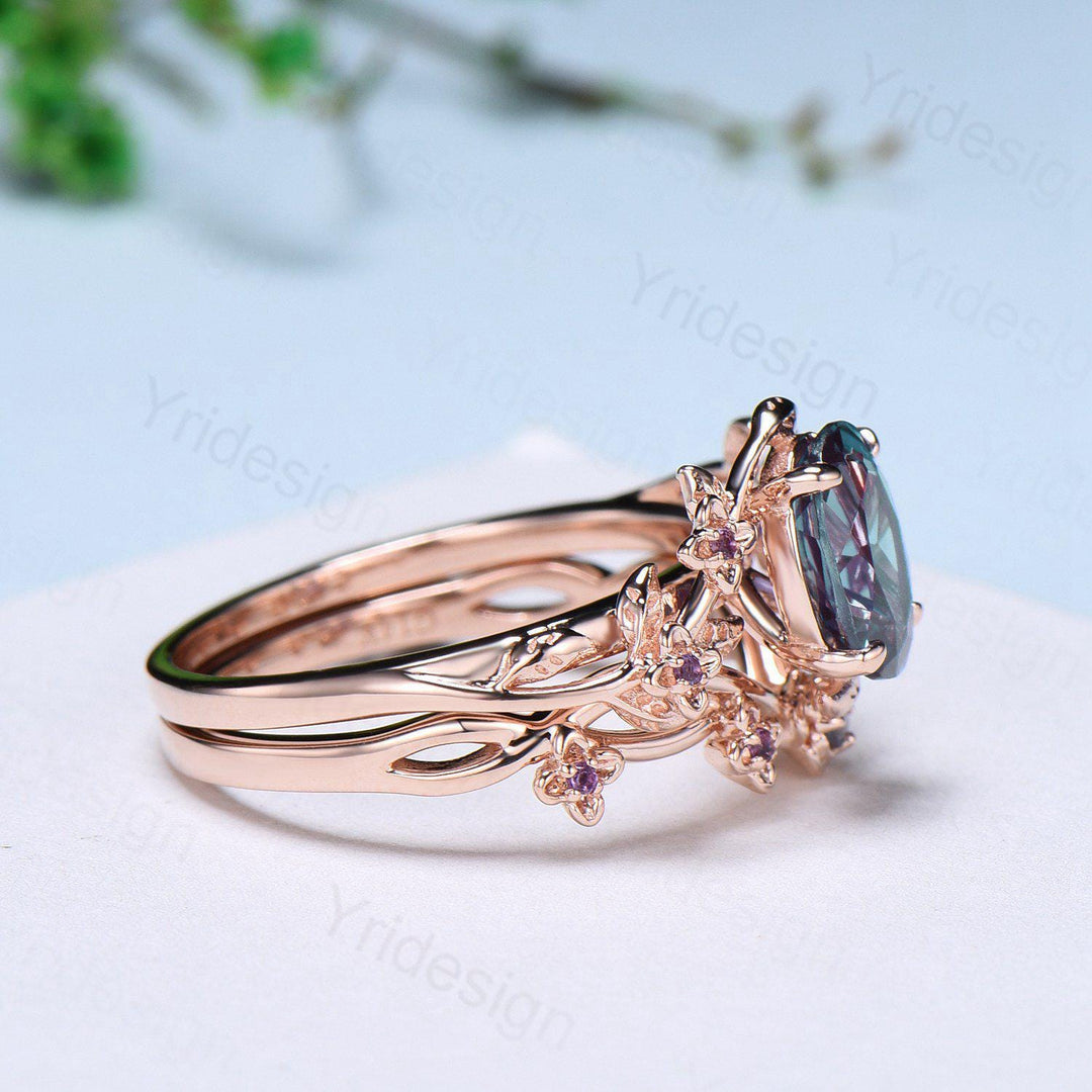 Unique flower alexandrite ring set cluster amethyst color change stone nature inspired engagement ring silver rose gold bridal wedding set - PENFINE