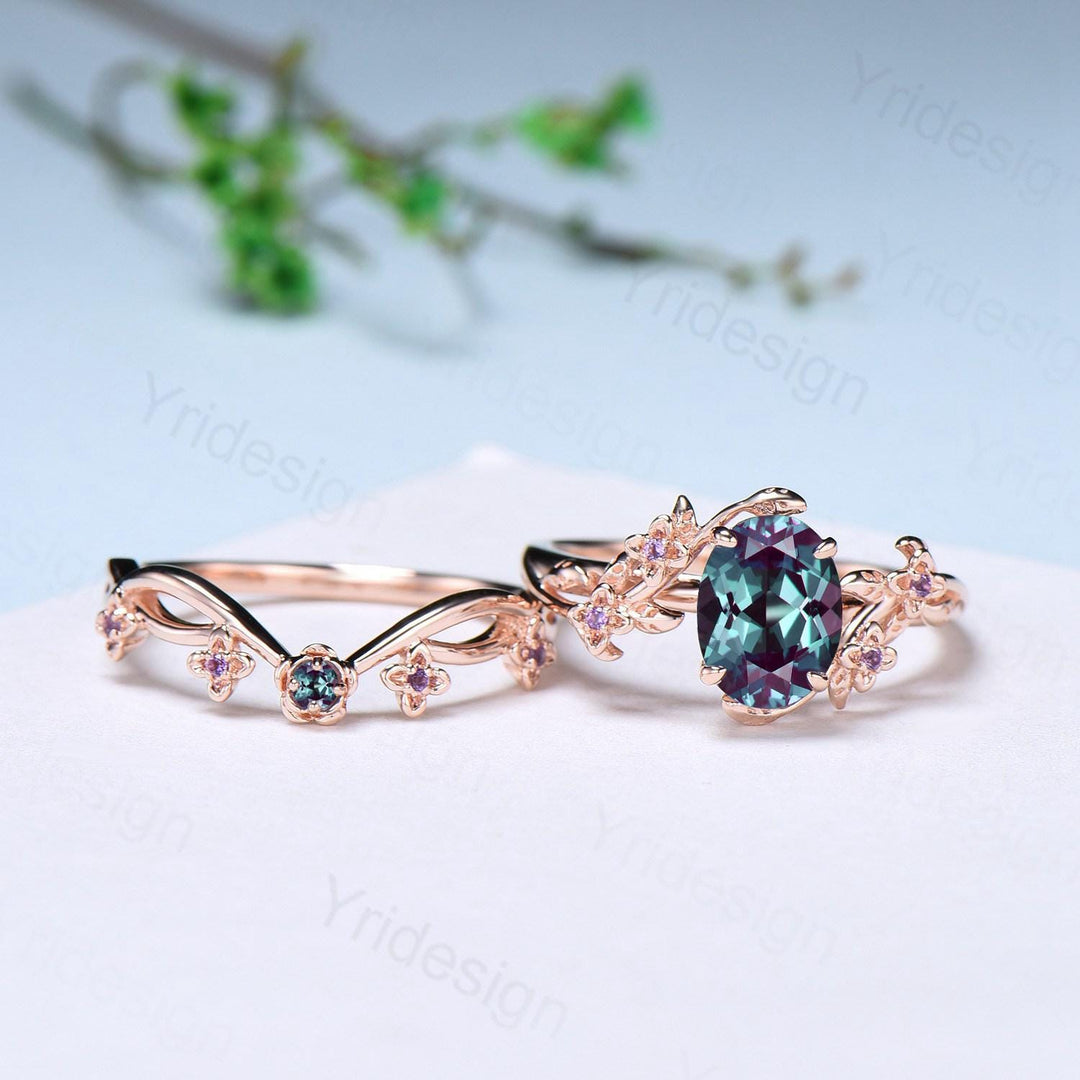 Unique flower alexandrite ring set cluster amethyst color change stone nature inspired engagement ring silver rose gold bridal wedding set - PENFINE