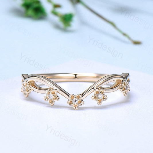 14K Yellow Gold Moissanite Wedding Band, Flower Evil Eye diamond wedding ring, Unique Floral Stacking matching Band, Anniversary band gift - PENFINE