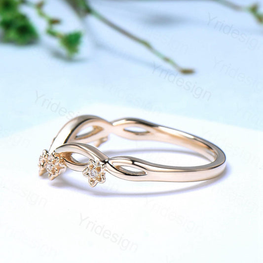 14K Yellow Gold Moissanite Wedding Band, Flower Evil Eye diamond wedding ring, Unique Floral Stacking matching Band, Anniversary band gift - PENFINE
