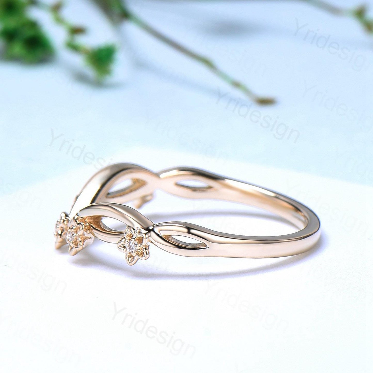 14K Yellow Gold Moissanite Wedding Band, Flower Evil Eye diamond wedding ring, Unique Floral Stacking matching Band, Anniversary band gift - PENFINE