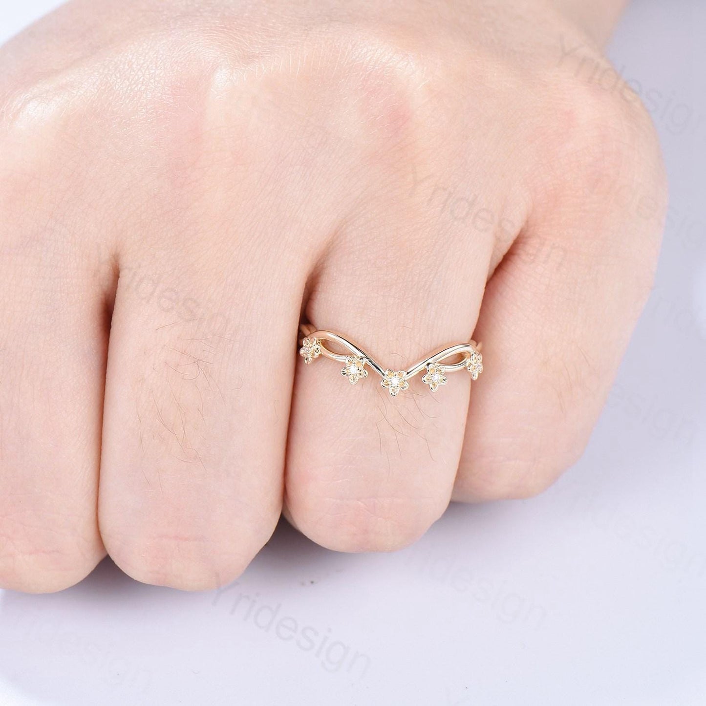 14K Yellow Gold Moissanite Wedding Band, Flower Evil Eye diamond wedding ring, Unique Floral Stacking matching Band, Anniversary band gift - PENFINE