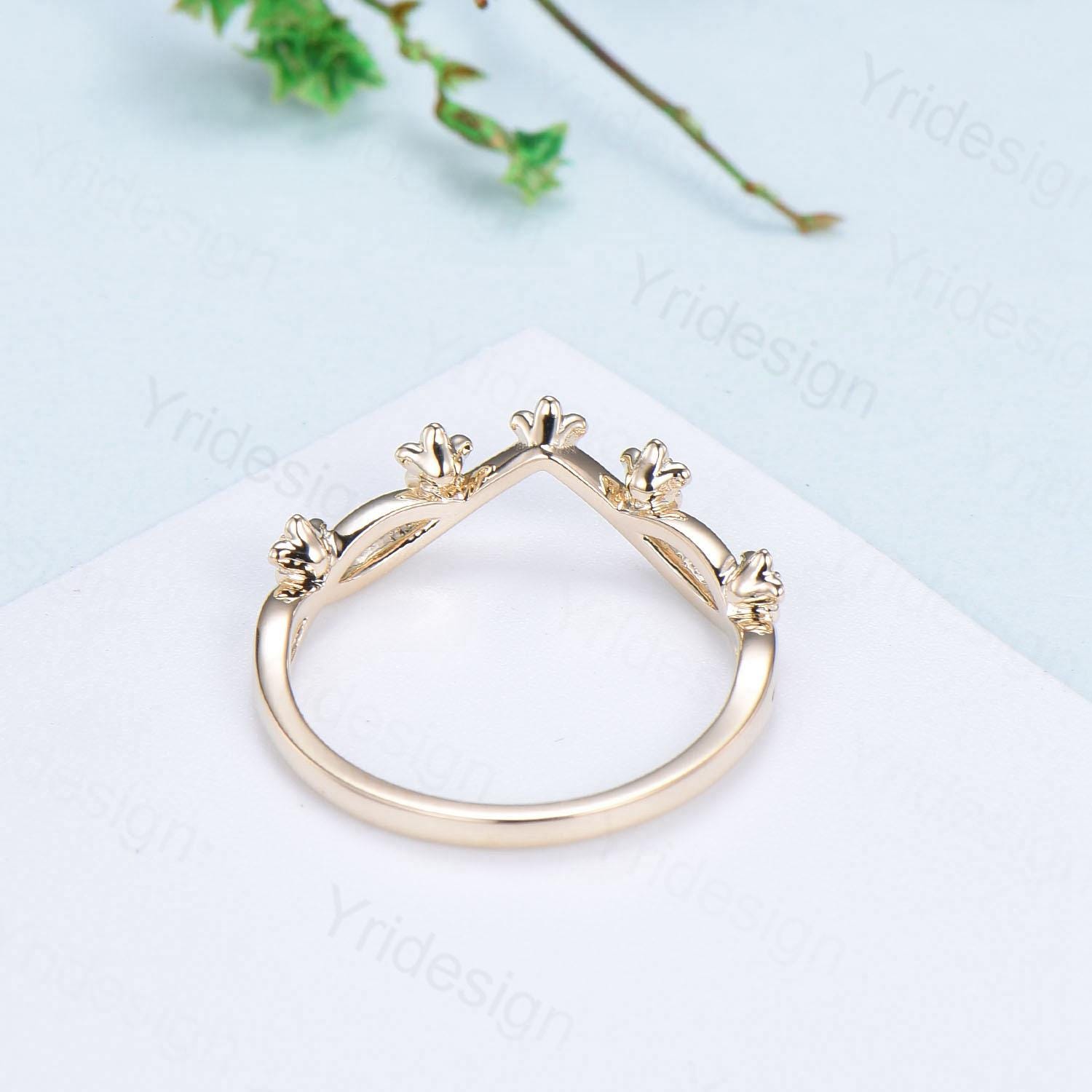 14K Yellow Gold Moissanite Wedding Band, Flower Evil Eye diamond wedding ring, Unique Floral Stacking matching Band, Anniversary band gift - PENFINE