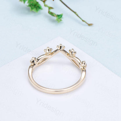 14K Yellow Gold Moissanite Wedding Band, Flower Evil Eye diamond wedding ring, Unique Floral Stacking matching Band, Anniversary band gift - PENFINE