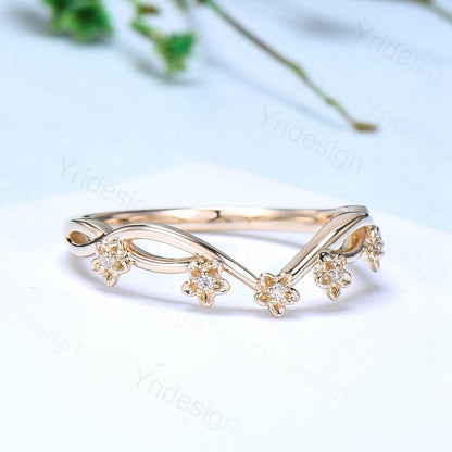 14K Yellow Gold Moissanite Wedding Band, Flower Evil Eye diamond wedding ring, Unique Floral Stacking matching Band, Anniversary band gift - PENFINE