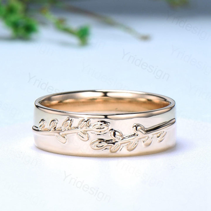 6mm Unique Leaf Wedding Band Mens 14K Yellow Gold Art Deco Leaf Branch Vines Design Wedding Ring Men Anniversary Engagement Rings For Men - PENFINE