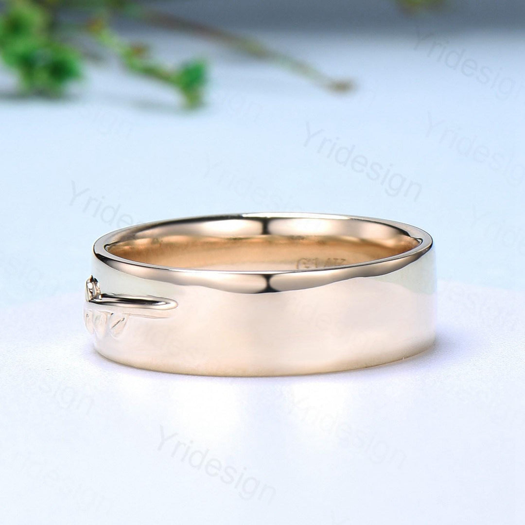 6mm Unique Leaf Wedding Band Mens 14K Yellow Gold Art Deco Leaf