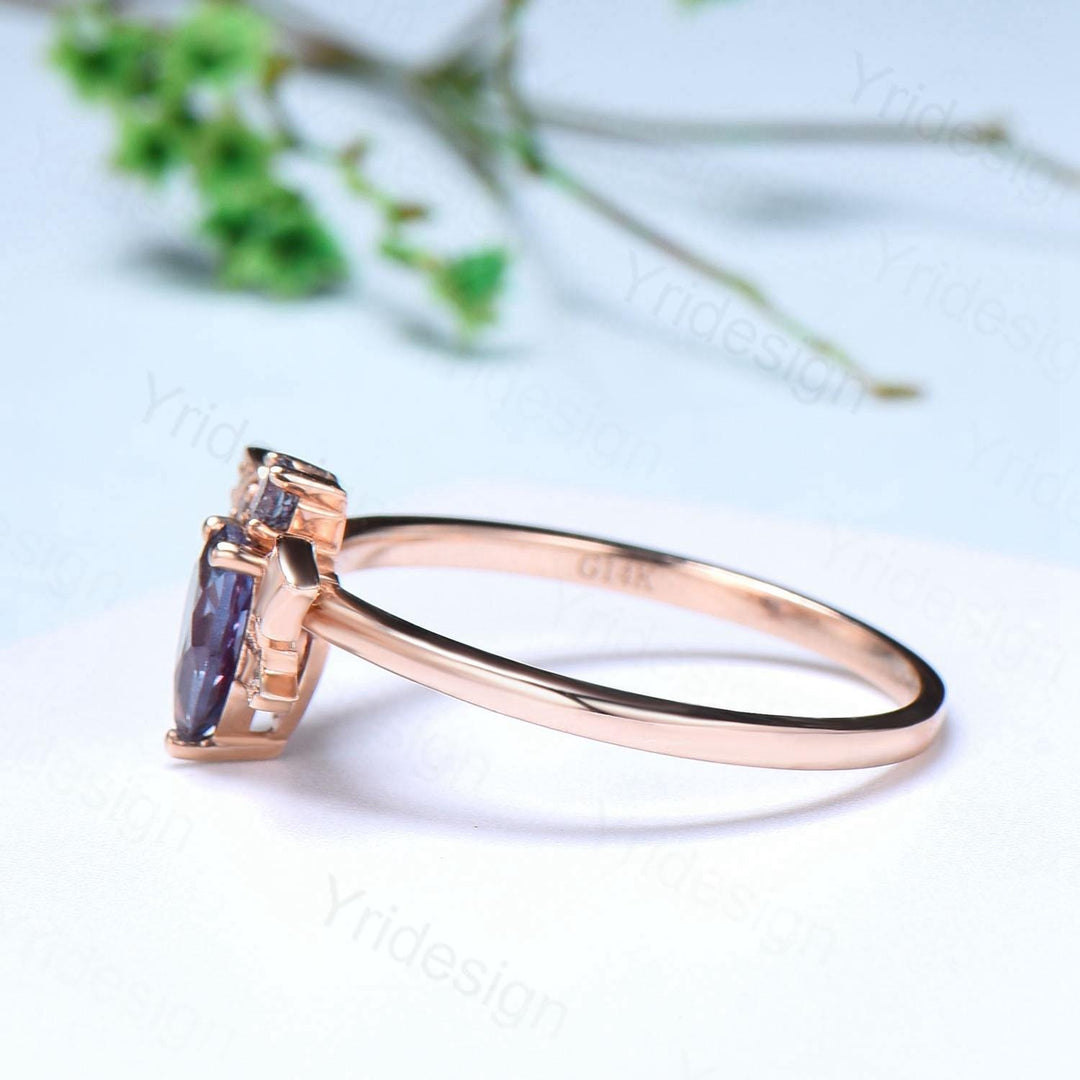 Magic Crescent Moon Star Alexandrite Engagement Ring Unique Bat Color Change Cluster Diamond Wedding Ring Rose Gold Anniversary gift Women - PENFINE