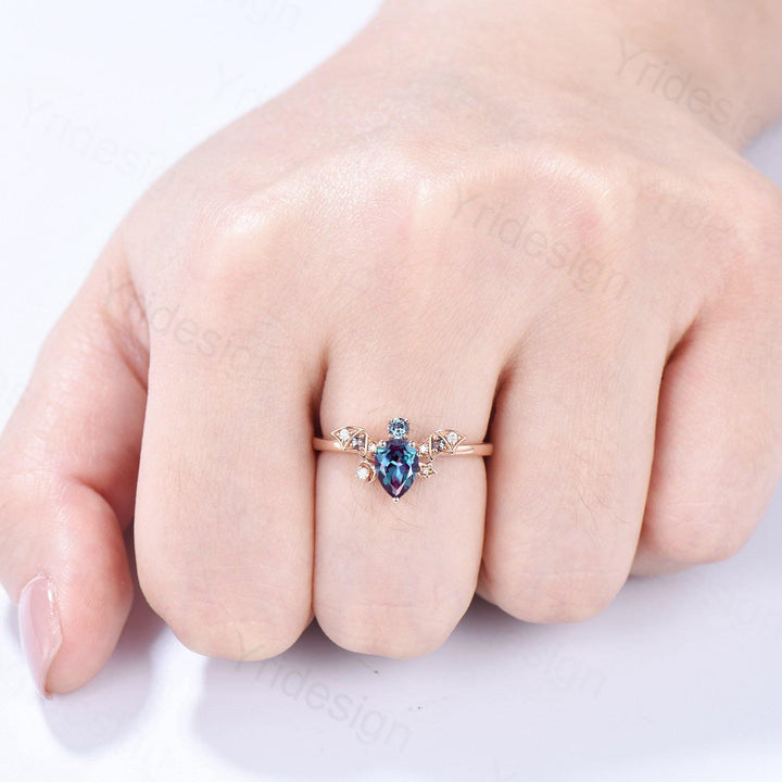 Magic Crescent Moon Star Alexandrite Engagement Ring Unique Bat Color Change Cluster Diamond Wedding Ring Rose Gold Anniversary gift Women - PENFINE