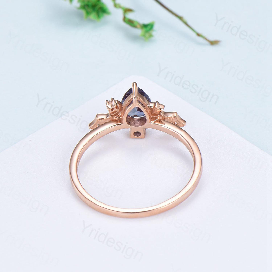 Magic Crescent Moon Star Alexandrite Engagement Ring Unique Bat Color Change Cluster Diamond Wedding Ring Rose Gold Anniversary gift Women - PENFINE