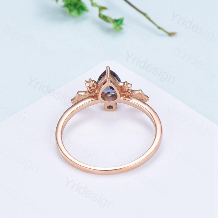 Magic Crescent Moon Star Alexandrite Engagement Ring Unique Bat Color Change Cluster Diamond Wedding Ring Rose Gold Anniversary gift Women - PENFINE