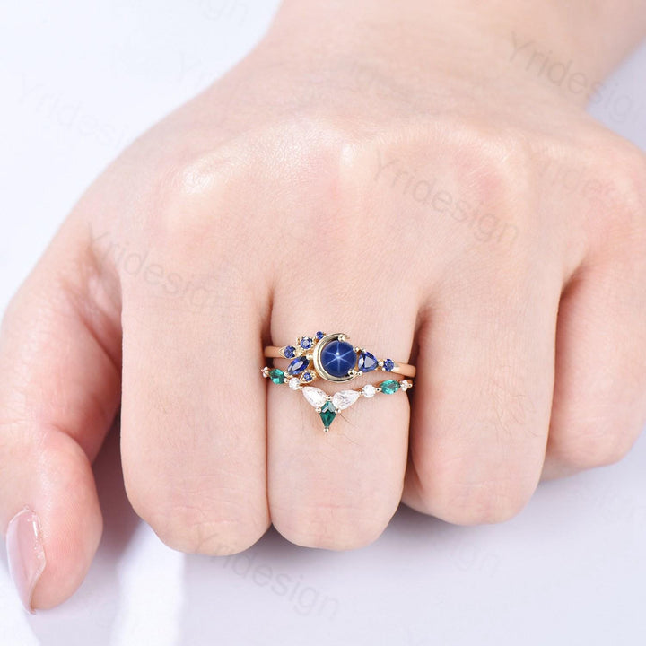 Unique Round Star Sapphire Engagement Ring Set Cluster blue sapphire Wedding Set Unique Personalized Emerald Stacking Band Anniversary Gift - PENFINE