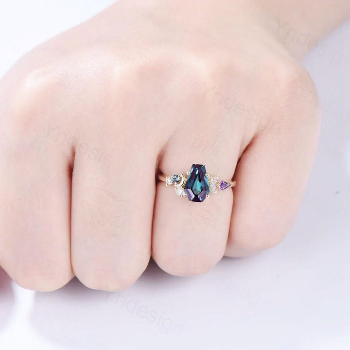 Unique coffin cut moon alexandrite ring, vintage rose gold engagement ring, cluster kite amethyst wedding ring, retro opal anniversary gift - PENFINE