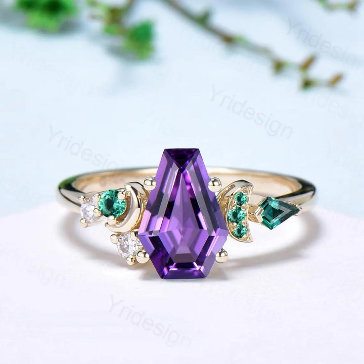 Unique moon amethyst ring, Coffin February birthstone engagement ring, cluster kite emerald wedding ring, perfect promise anniversary gift - PENFINE