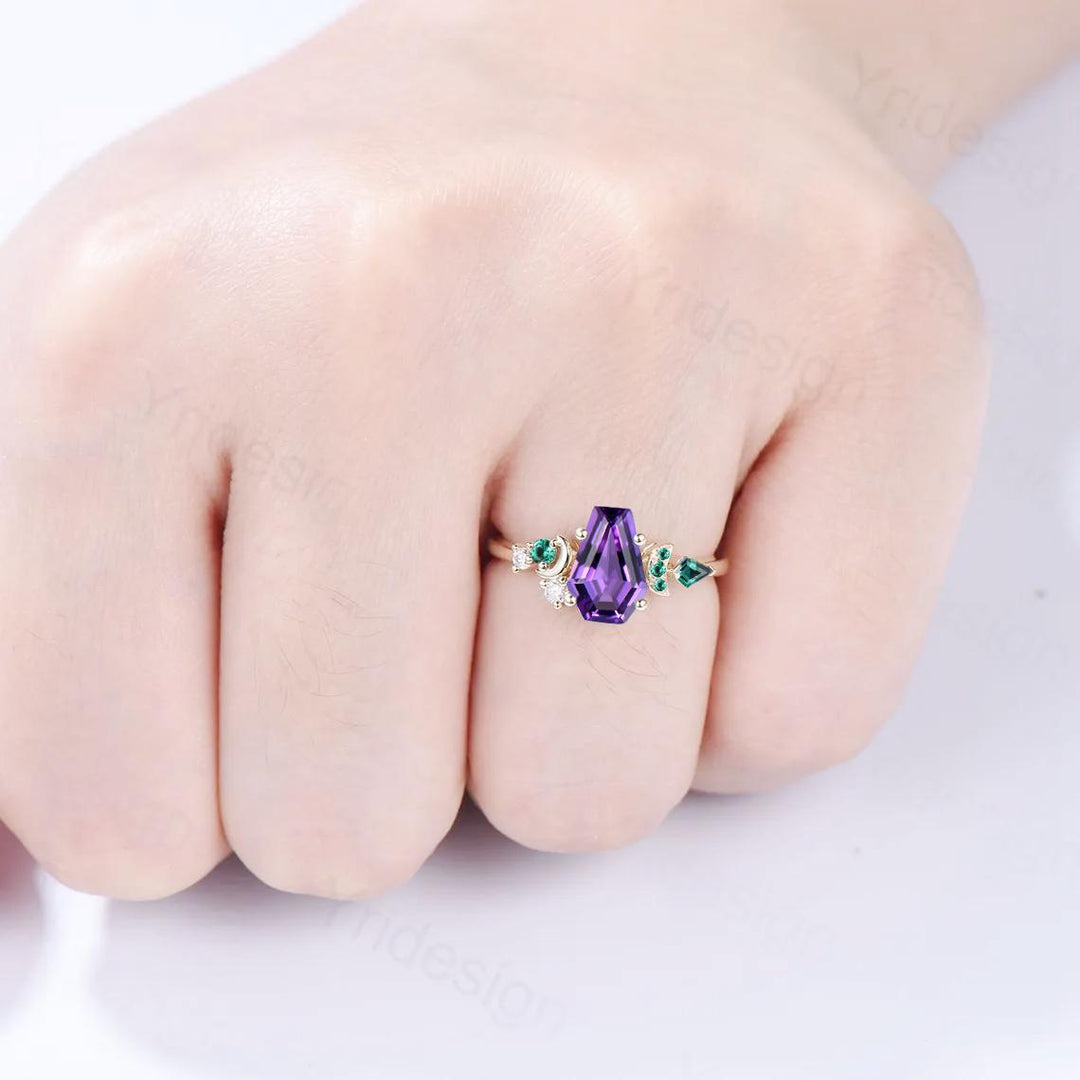 Unique moon amethyst ring, Coffin February birthstone engagement ring, cluster kite emerald wedding ring, perfect promise anniversary gift - PENFINE