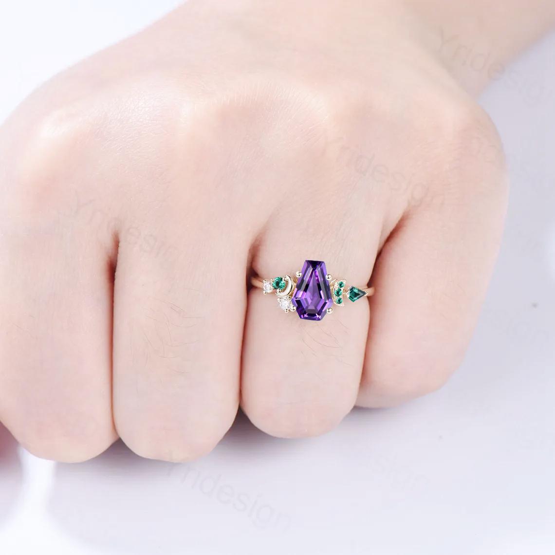 Unique moon amethyst ring, Coffin February birthstone engagement ring, cluster kite emerald wedding ring, perfect promise anniversary gift - PENFINE