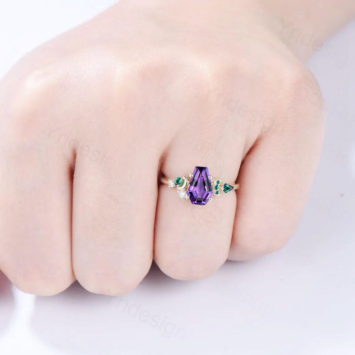 Unique moon amethyst ring, Coffin February birthstone engagement ring, cluster kite emerald wedding ring, perfect promise anniversary gift - PENFINE