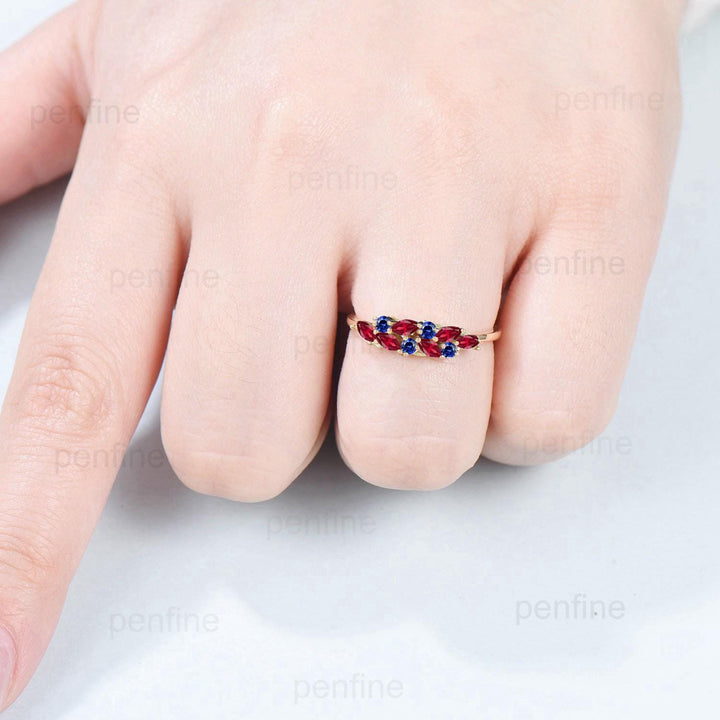 Ruby sapphire cluster wedding band Unique marquise cut ruby wedding band Vintage Stacking ring Solid rose gold ring Anniversary promise gift - PENFINE