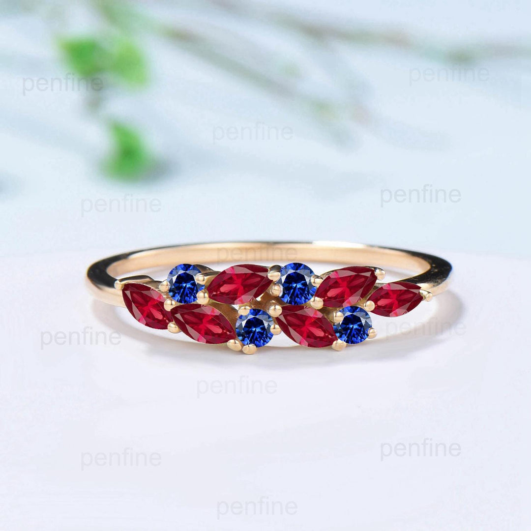 Ruby sapphire cluster wedding band Unique marquise cut ruby wedding band Vintage Stacking ring Solid rose gold ring Anniversary promise gift - PENFINE