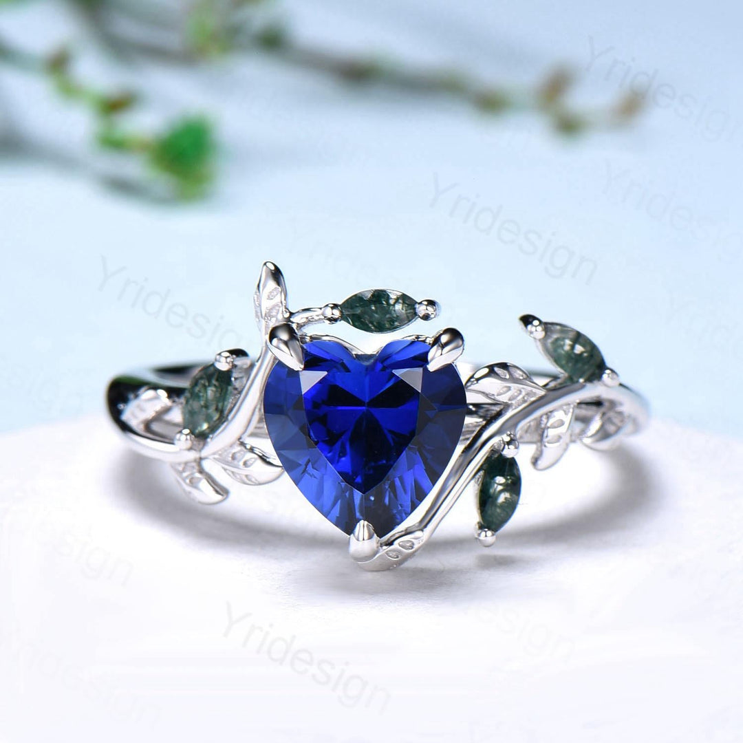 Nature Inspired Heart Shaped Blue Sapphire Engagement Ring Leaves Marquise Moss Agate Twig Wedding Ring Unique Anniversary Promise Ring Gift - PENFINE