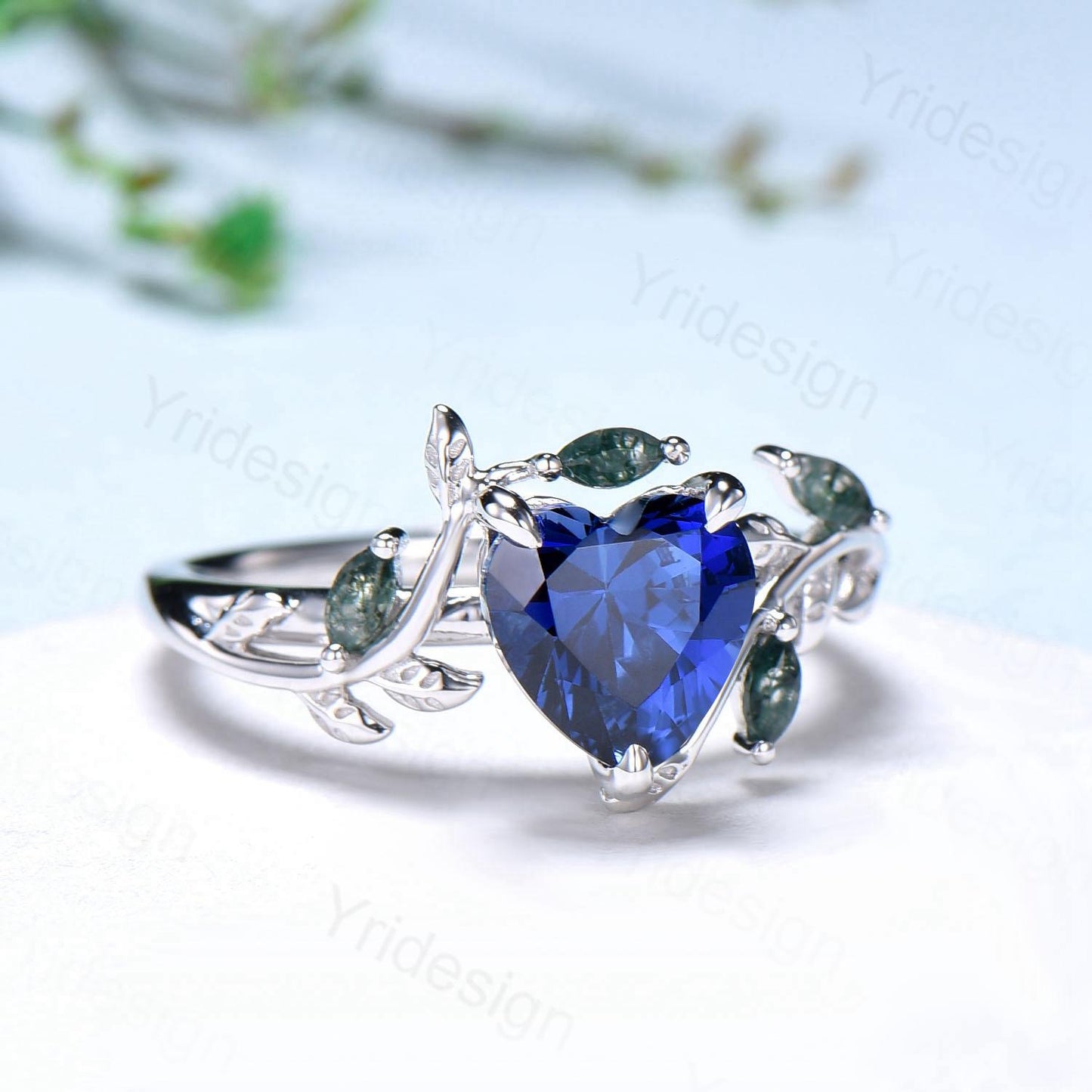 Nature Inspired Heart Shaped Blue Sapphire Engagement Ring Leaves Marquise Moss Agate Twig Wedding Ring Unique Anniversary Promise Ring Gift - PENFINE