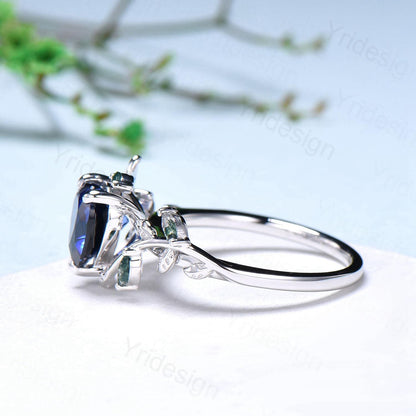 Nature Inspired Heart Shaped Blue Sapphire Engagement Ring Leaves Marquise Moss Agate Twig Wedding Ring Unique Anniversary Promise Ring Gift - PENFINE