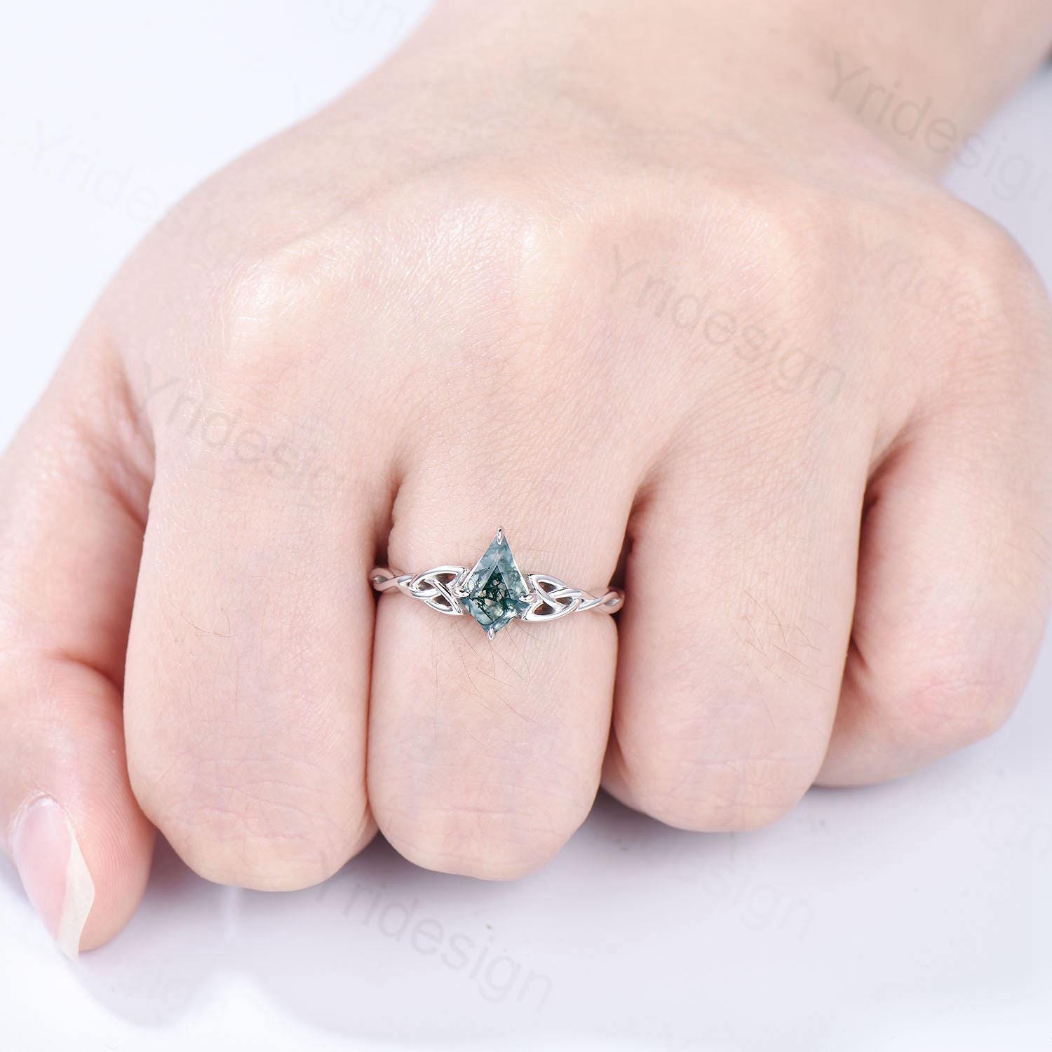 Norse Viking Kite Cut Moss Agate Engagement Ring Set Celtic Love Knot Moonstone Wedding Band Vintage Unique Twisted Green Crystal Bridal Set - PENFINE