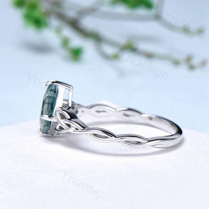 Norse Viking Kite Cut Moss Agate Ring Celtic Love Knot Green Agate Engagement Ring Vintage Unique Twisted Green Crystal Wedding Ring Women - PENFINE