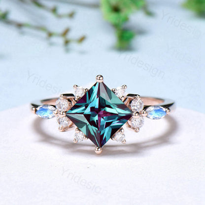 Unique 2CT Princess Cut Alexandrite Engagement Ring Cluster Nature Marquise Moonstone June Birthstone Ring Set 2pcs 14K Rose Gold Bridal Set - PENFINE