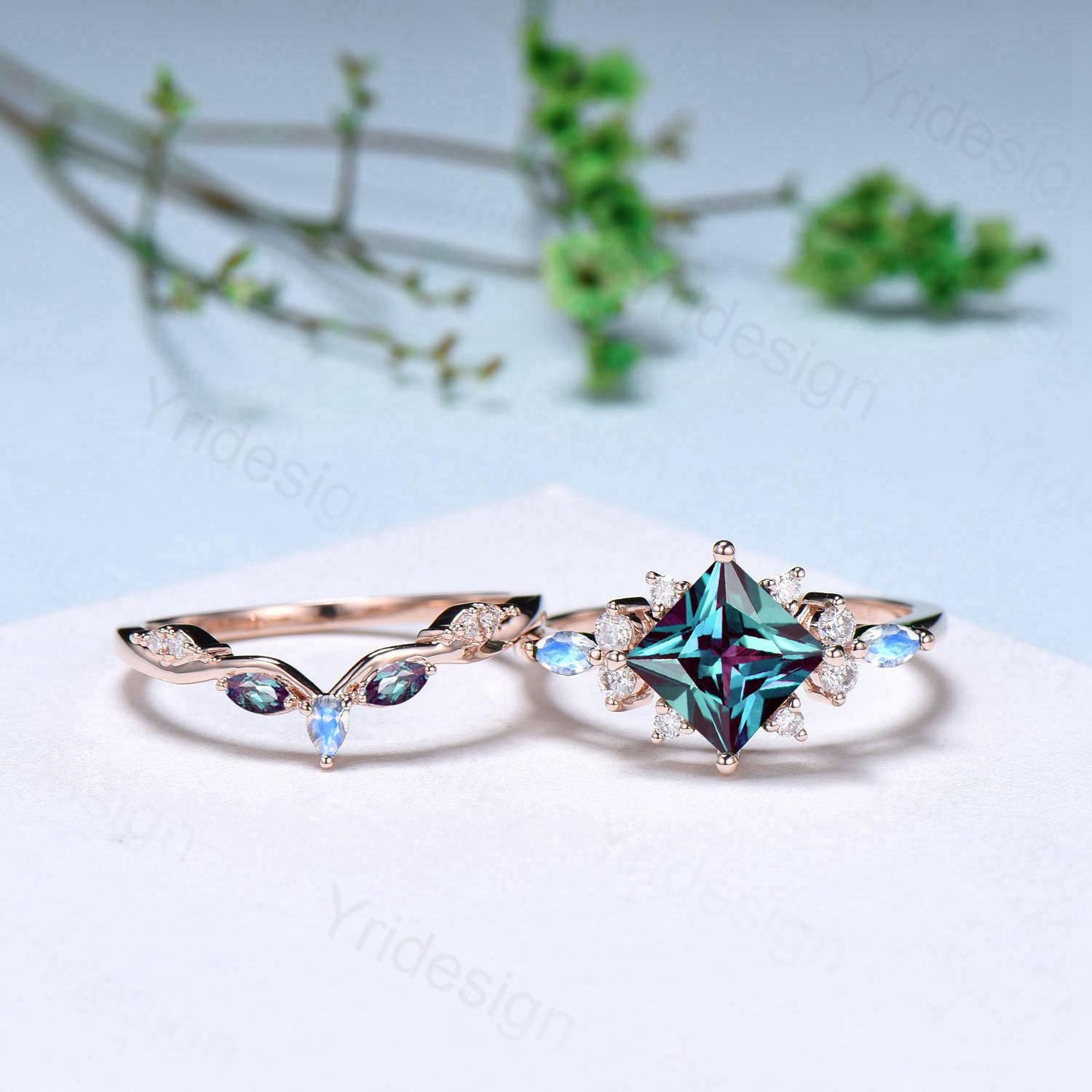 Unique 2CT Princess Cut Alexandrite Engagement Ring Cluster Nature Marquise Moonstone June Birthstone Ring Set 2pcs 14K Rose Gold Bridal Set - PENFINE