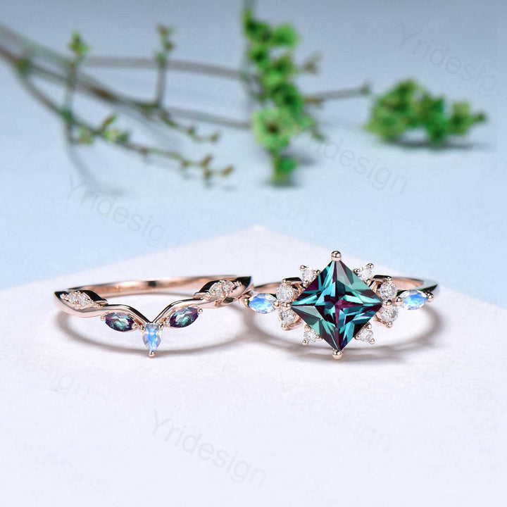 Unique 2CT Princess Cut Alexandrite Engagement Ring Cluster Nature Marquise Moonstone June Birthstone Ring Set 2pcs 14K Rose Gold Bridal Set - PENFINE