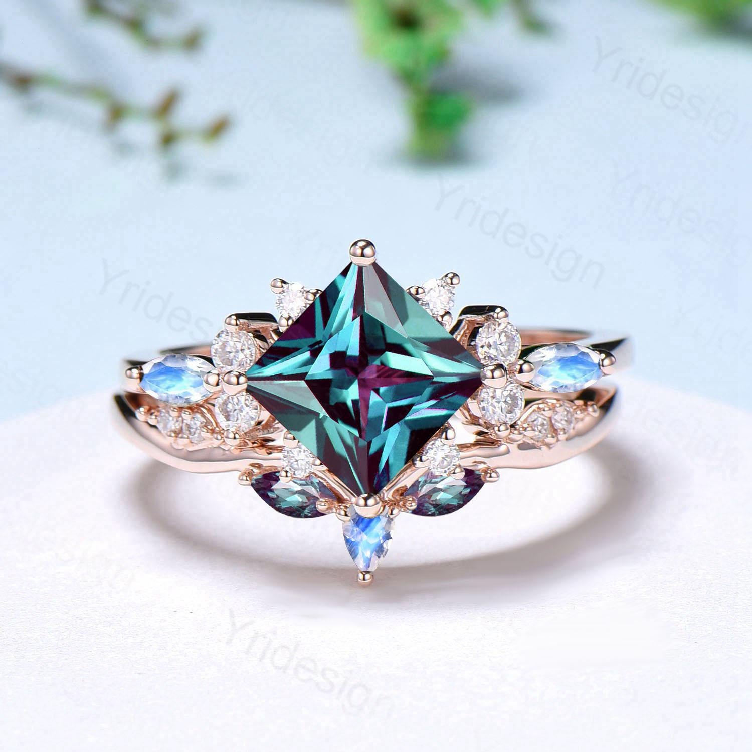 Unique 2CT Princess Cut Alexandrite Engagement Ring Cluster Nature Marquise Moonstone June Birthstone Ring Set 2pcs 14K Rose Gold Bridal Set - PENFINE