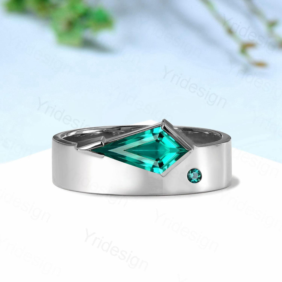 One Of a Kind Emerald Wedding Band For Men Unique Kite Cut Emerald Men's Wedding Ring 6mm Stacking Anniversary Matching Band Christmas Gift - PENFINE