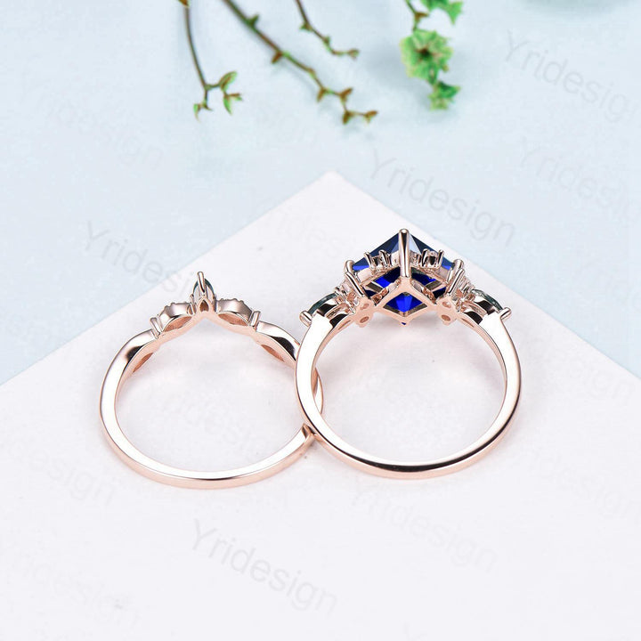 Vintage 2CT Princess Cut Sapphire Engagement Ring Cluster Nature Marquise Blue Gemstone Ring Set 2pcs Sapphire Bridal Ring 14K Rose Gold Set - PENFINE