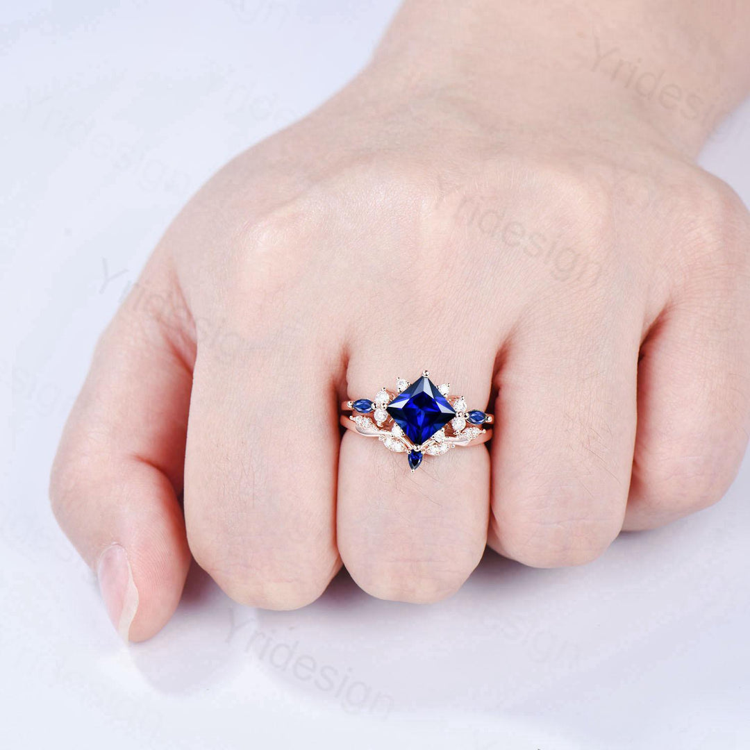 Vintage 2CT Princess Cut Sapphire Engagement Ring Cluster Nature Marquise Blue Gemstone Ring Set 2pcs Sapphire Bridal Ring 14K Rose Gold Set - PENFINE