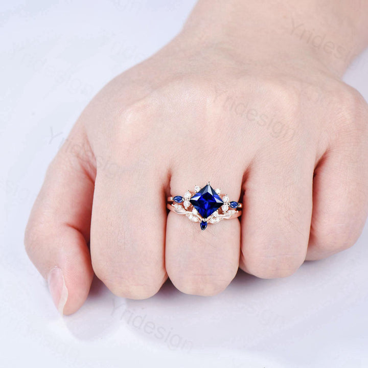 Vintage 2CT Princess Cut Sapphire Engagement Ring Cluster Nature Marquise Blue Gemstone Ring Set 2pcs Sapphire Bridal Ring 14K Rose Gold Set - PENFINE