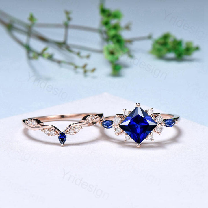 Vintage 2CT Princess Cut Sapphire Engagement Ring Cluster Nature Marquise Blue Gemstone Ring Set 2pcs Sapphire Bridal Ring 14K Rose Gold Set - PENFINE