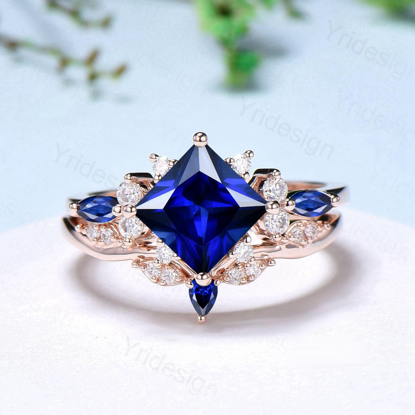 Vintage 2CT Princess Cut Sapphire Engagement Ring Cluster Nature Marquise Blue Gemstone Ring Set 2pcs Sapphire Bridal Ring 14K Rose Gold Set - PENFINE