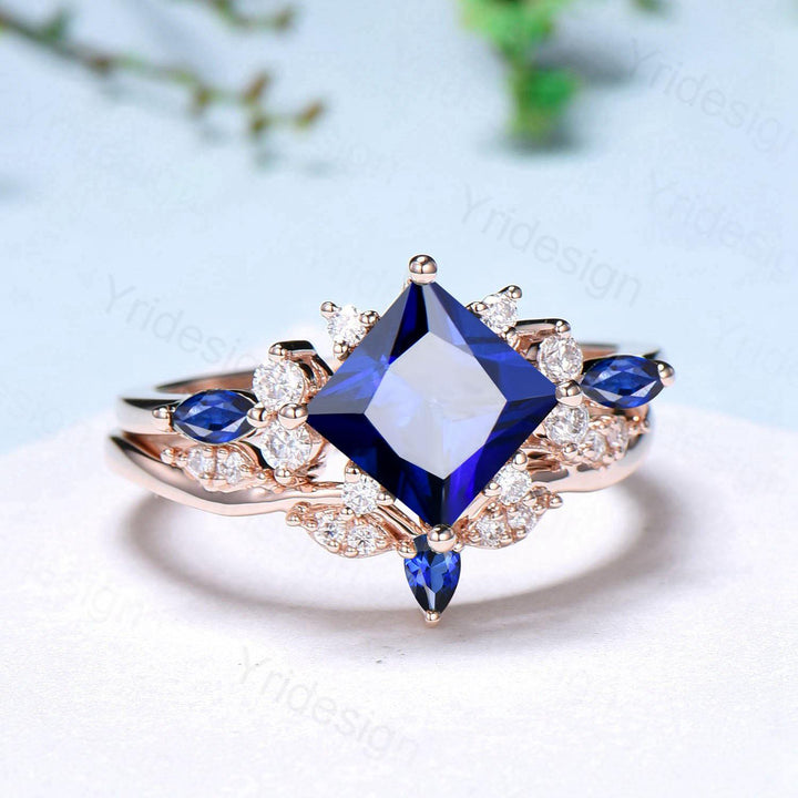 Vintage 2CT Princess Cut Sapphire Engagement Ring Cluster Nature Marquise Blue Gemstone Ring Set 2pcs Sapphire Bridal Ring 14K Rose Gold Set - PENFINE