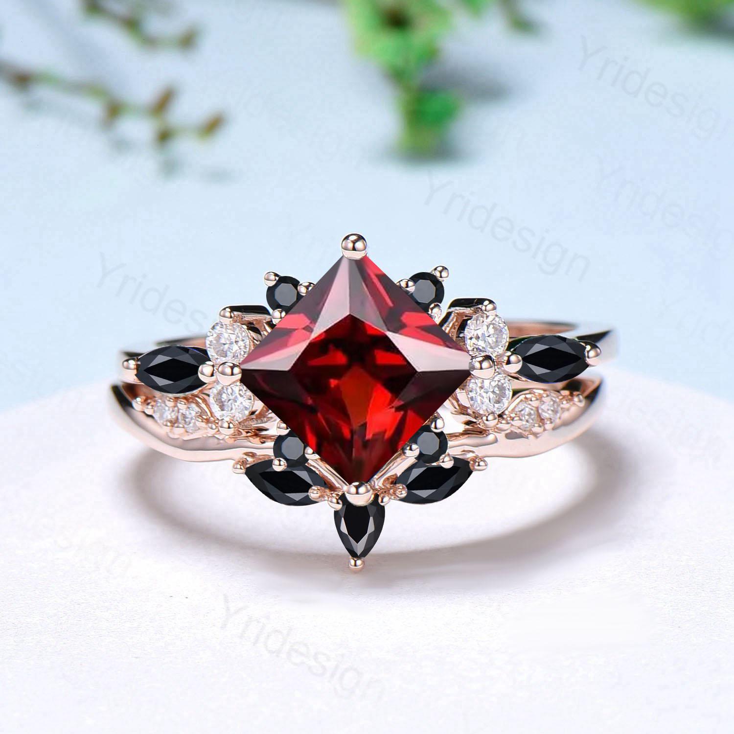 Vintage 2CT Princess Cut Garnet Engagement Ring Set Cluster Black Spinel Wedding Ring Set 2pcs Bridal Ring 14K Rose Gold Anniversary Gift - PENFINE