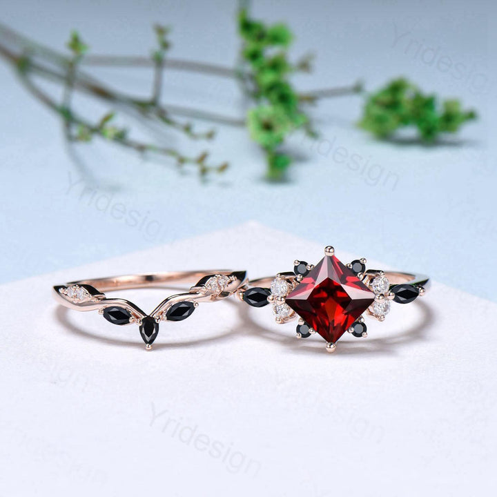 Vintage 2CT Princess Cut Garnet Engagement Ring Set Cluster Black Spinel Wedding Ring Set 2pcs Bridal Ring 14K Rose Gold Anniversary Gift - PENFINE