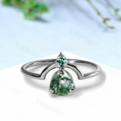 Unique trillion natural green moss agate engagement ring Nestled agate emerald wedding ring art deco curved infinity band anniversary gift - PENFINE