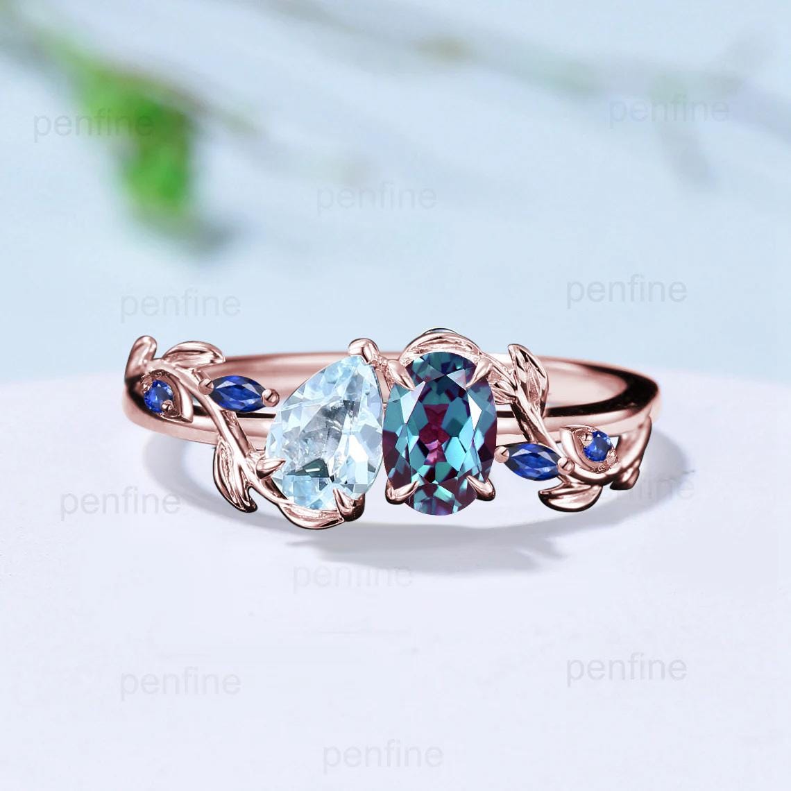 Nature Inspired alexandrite engagement ring Unique twig vine pear shaped aquamarine engagement ring cluster sapphire wedding ring for women - PENFINE