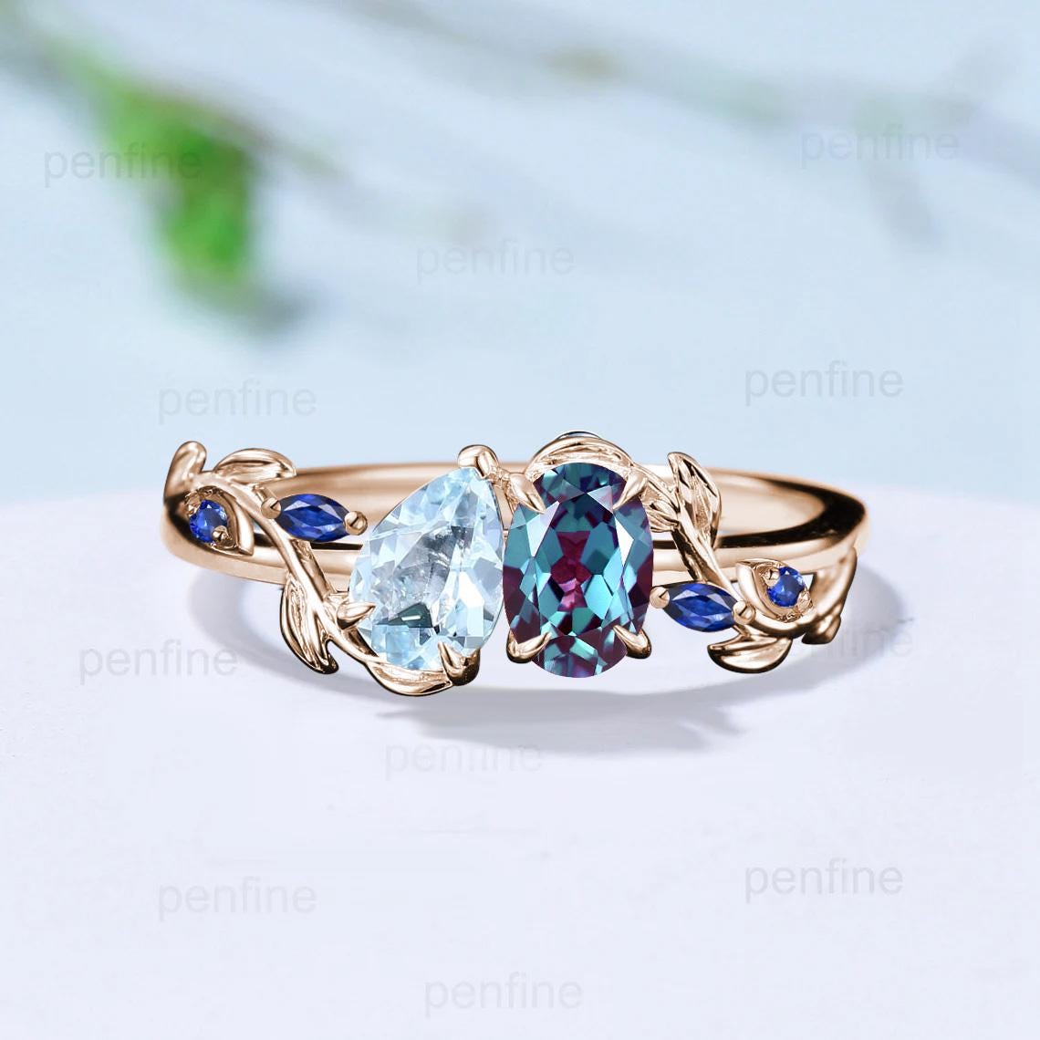 Nature Inspired alexandrite engagement ring Unique twig vine pear shaped aquamarine engagement ring cluster sapphire wedding ring for women - PENFINE