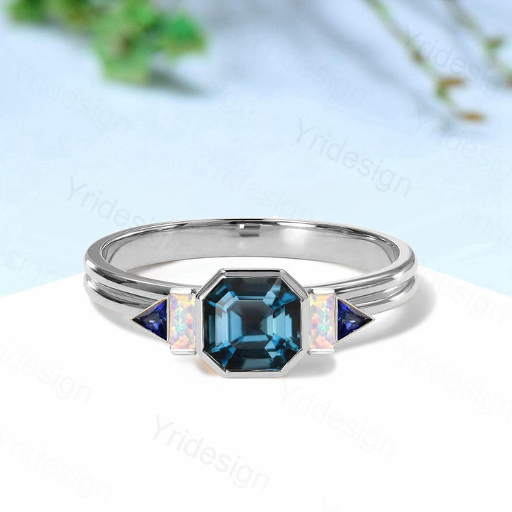 Unique Asscher cut Alexandrite Ring Unique split shank Color Change Engagement Ring Cluster Baguette Opal sapphire Wedding Ring gift for her - PENFINE